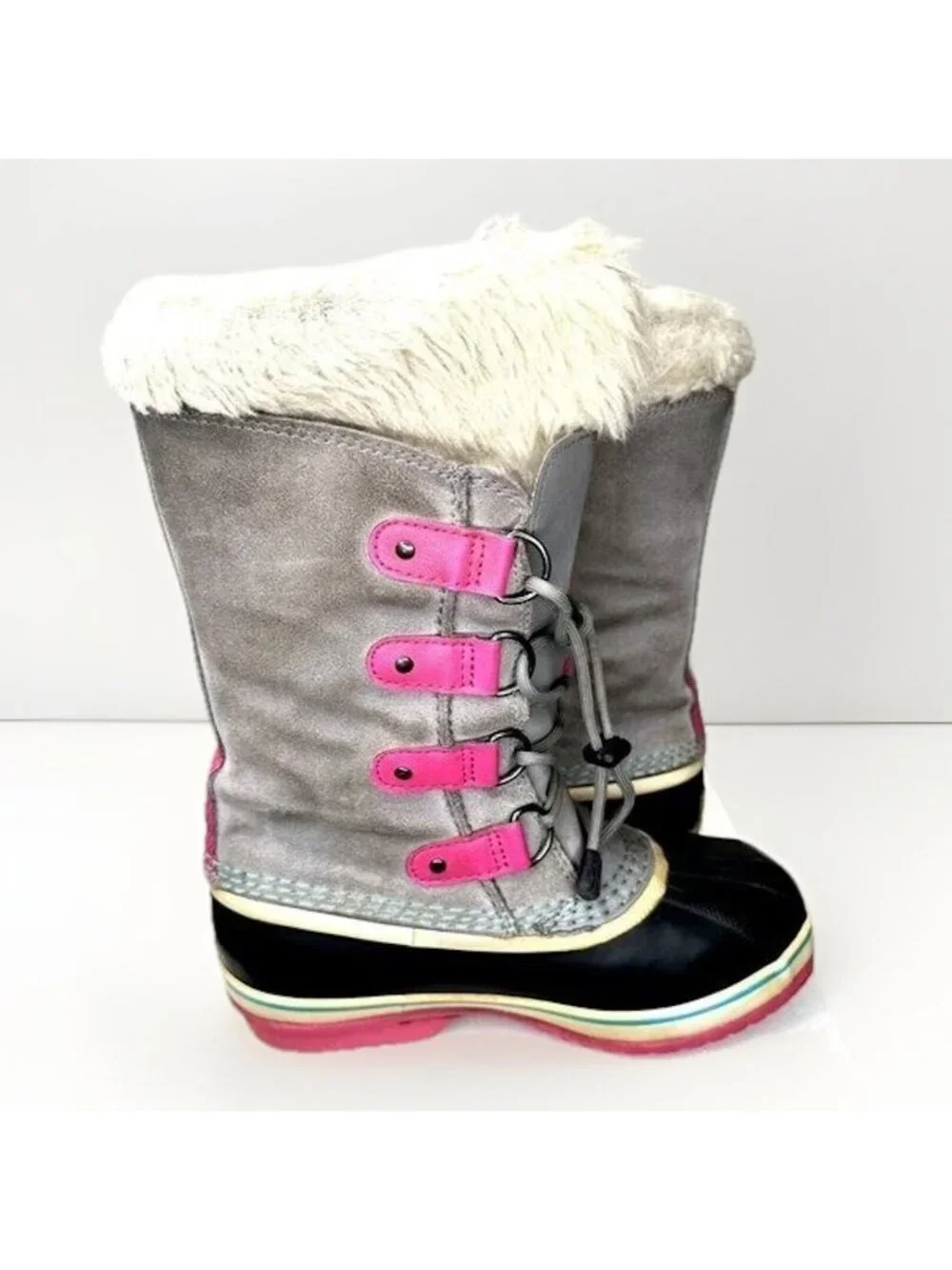 Sorel Winter Snow Boots Girls 4 Gray Pink Waterproof Faux Fur Insulated Warm